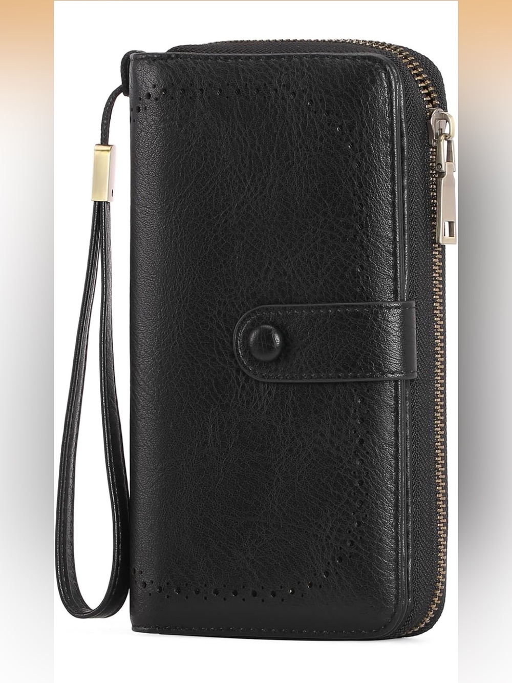 Black Leather Wallet Phone Case with Wrist Strap